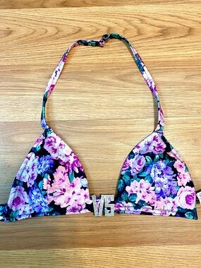 💐NWT VS PINK SWIMSUIT BIKINI HALTER TOP WITH CHARM LOGO PADDED XS FLORAL BRIGHT